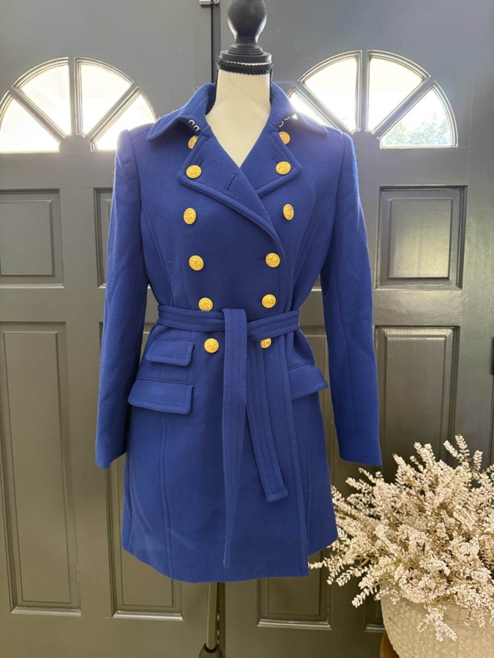 J. Crew Double-Breasted Royal Blue Belted Pea Coat with Gold Buttons